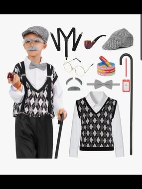 Child Argyle 100 Days Of School Costume Set with Cap & Cane - 5-7 Year Olds